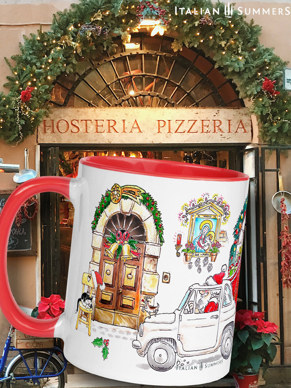 Close-up of holiday mug featuring Fiat 500 with presents in Italian streetview design