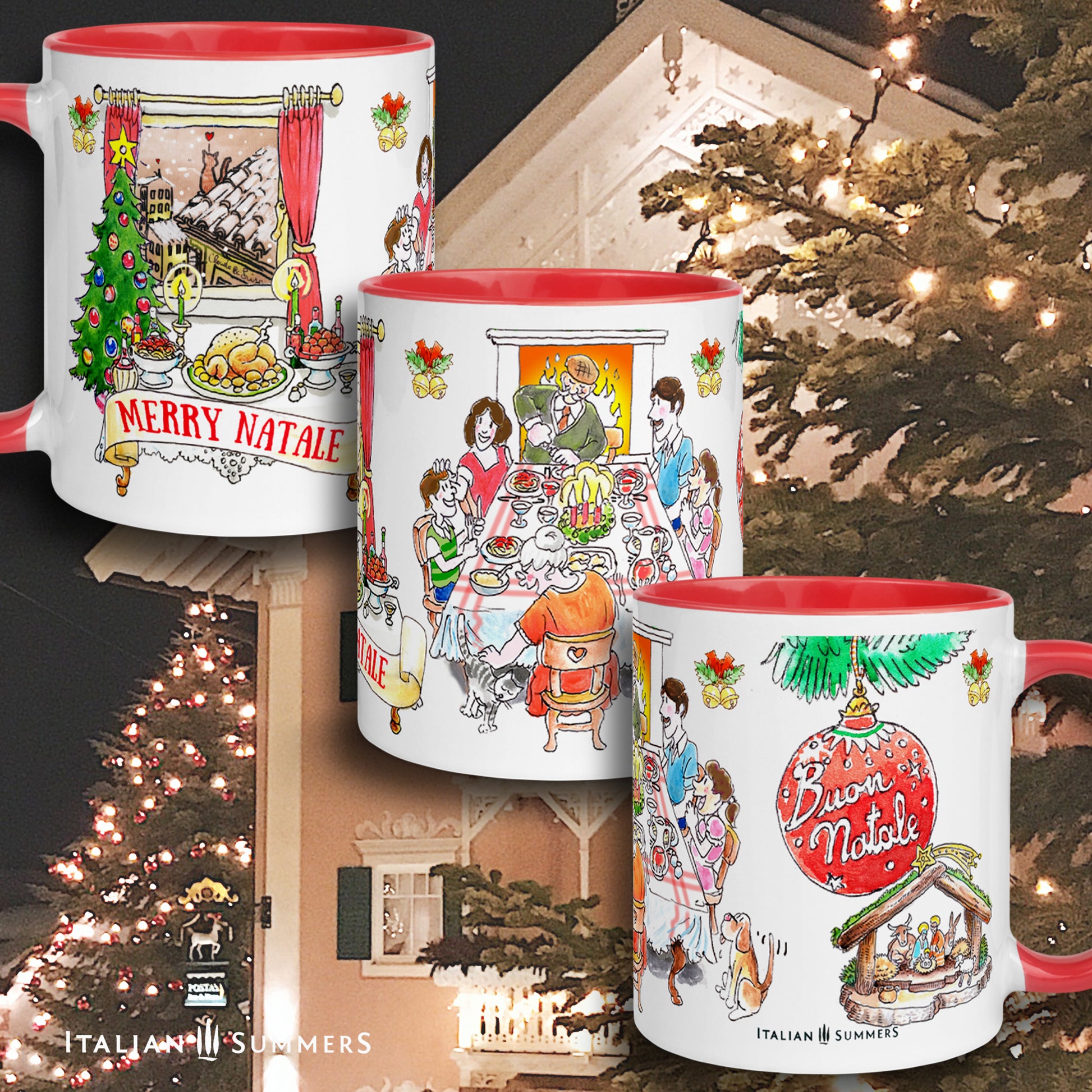 Holiday coffee mug featuring Italian rooftops and snowy details