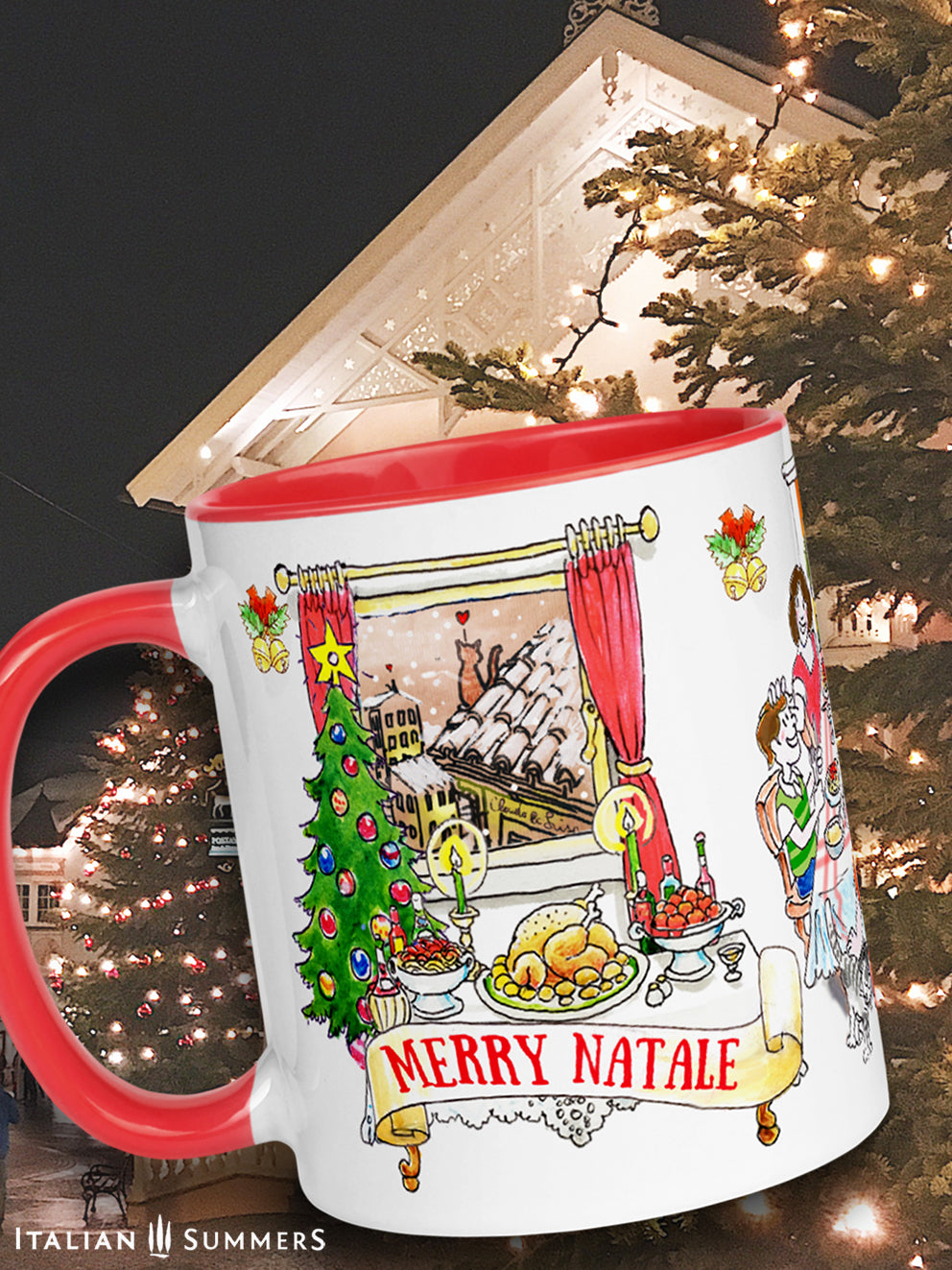 Ceramic mug with whimsical cats and Buon Natale scene