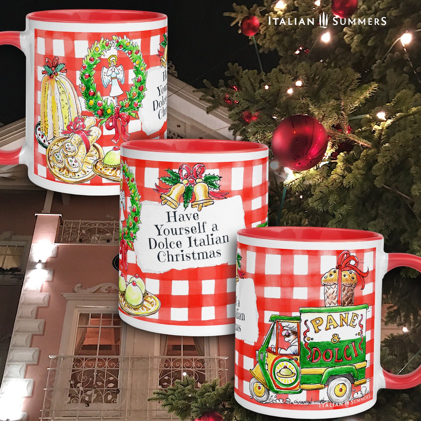 Italy Chirstmas mug Pane e Dolci with a sketch of the local Italian baker, driving his funny car with the text PANE & DOLCE, and on the top he has the biggest panettone. Ther are italian dolce on the mug and the text "have yourself a Dolce Italian Christmas" made by Italian Summers