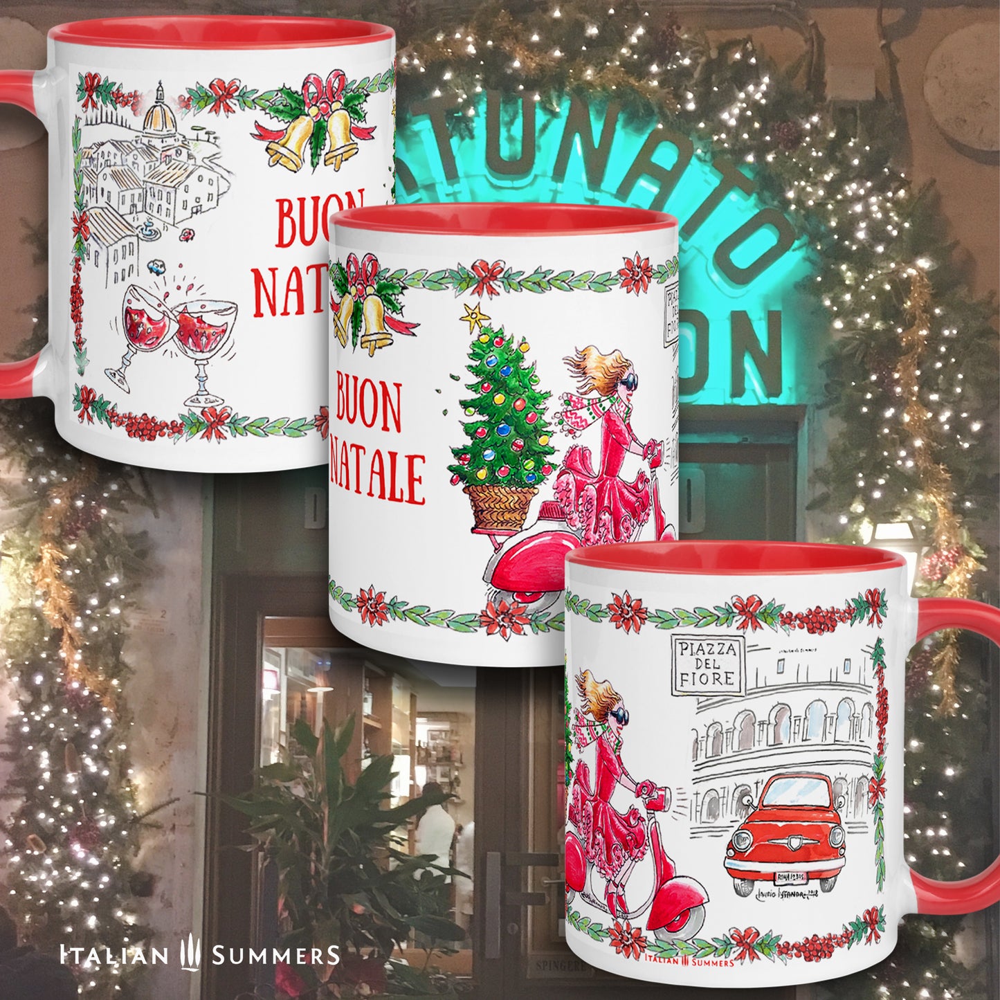 Italy Christmas gift mug featuring Colosseum and Vespa