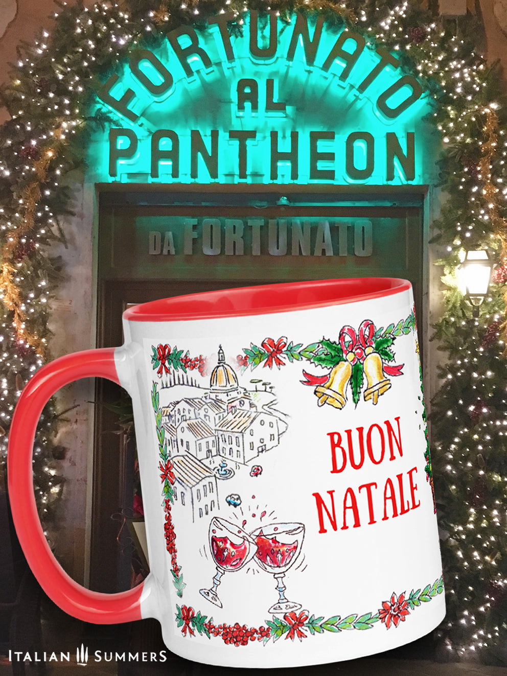 Ceramic mug Natale in Rome holiday illustration