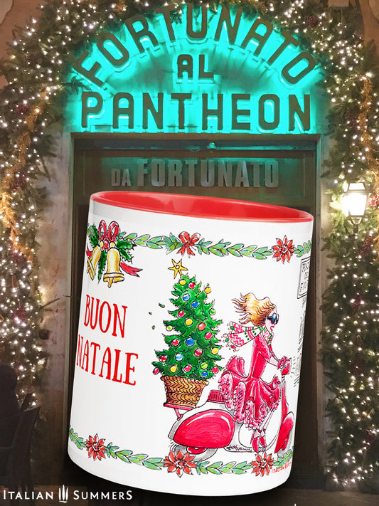 Italian Christmas mug with Rome icons – Colosseum, Vespa, diva