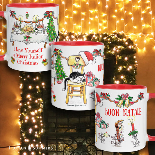 Italian Christmas mug with sleeping cat and mice design
