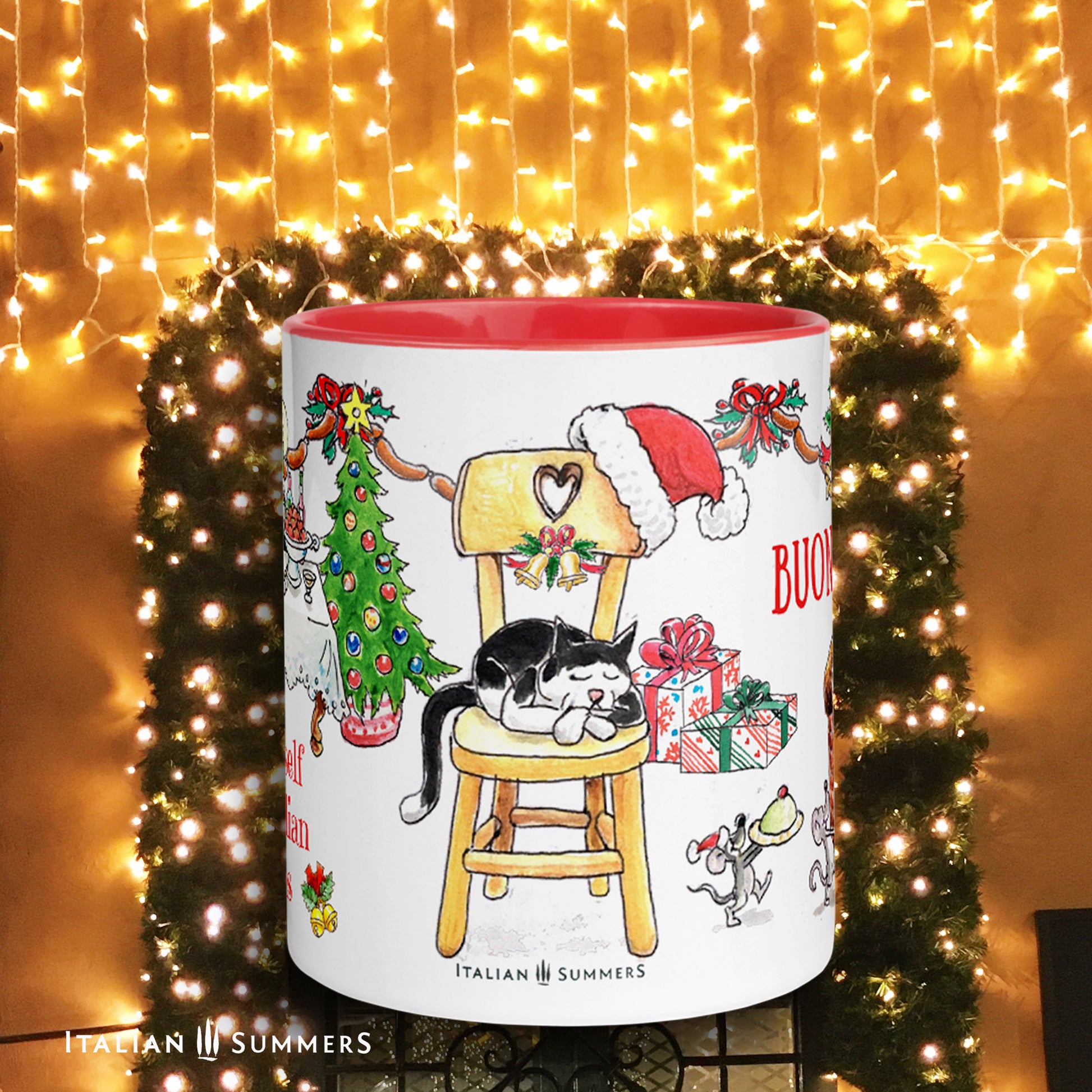 Holiday coffee cup featuring cat on chair and mice stealing food