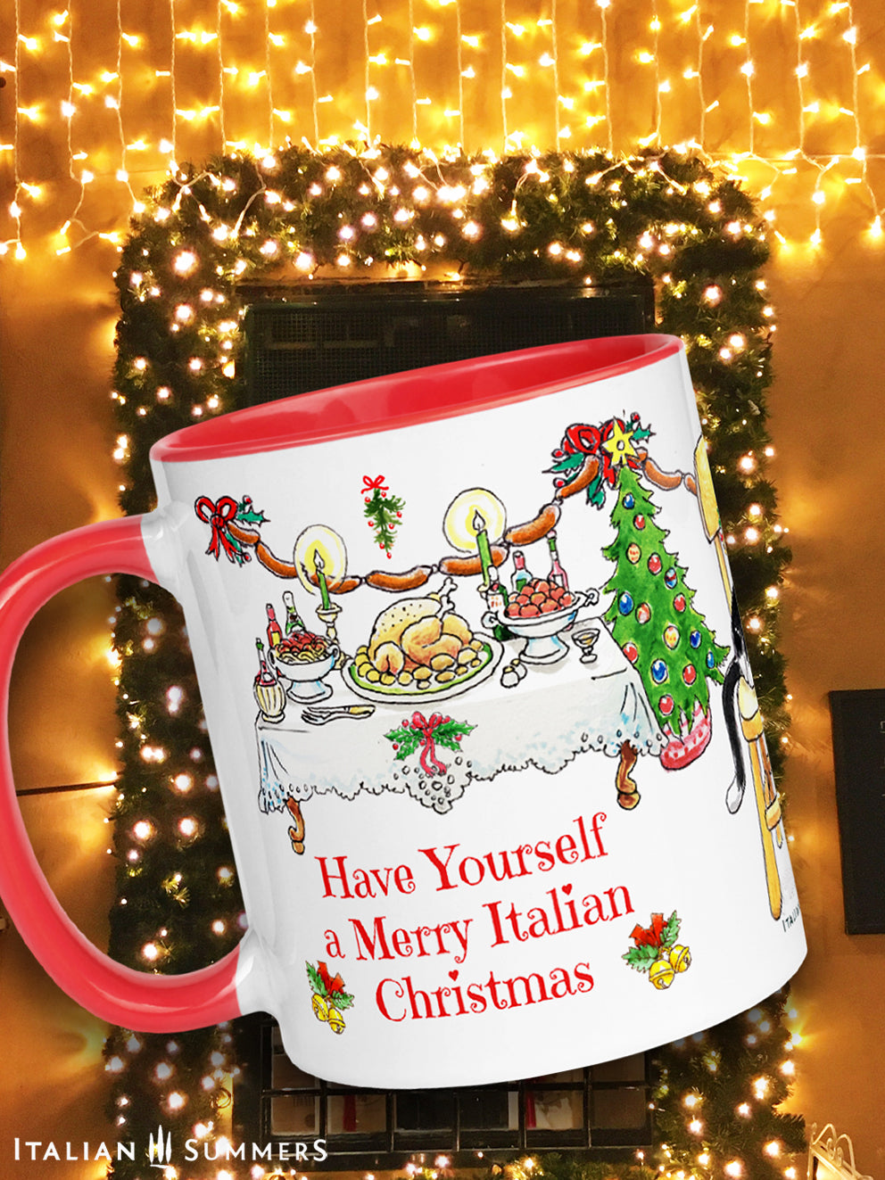 This Italian Christmas mug is a sight to see! Deck the halls with mugs and joy... this one comes complete with sketches of a sleeping cat plus three mice, merrily walking away with goodies from the table. It's sure to bring a smile to your face this holiday season!