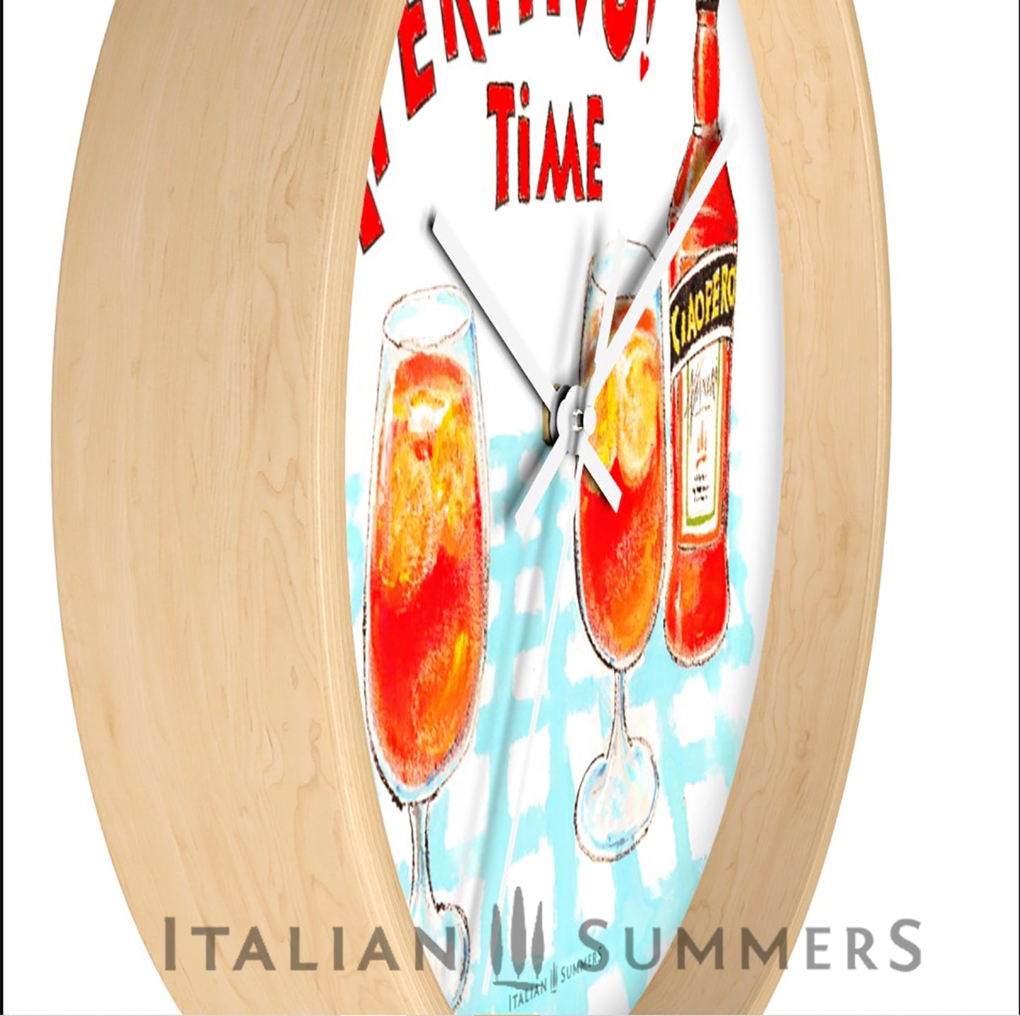 An Italy inspired rond clock with a print of Two glasses and a bottle of Aperol, whizh is called in the sketch Ciaoperol. The bottle and the foot glasses are standing on a light blue checkered table cloth. There is on top of the sketch the text 'Aperitivo time!' in a vintage red color, handwritten font. Made by Italian Summers