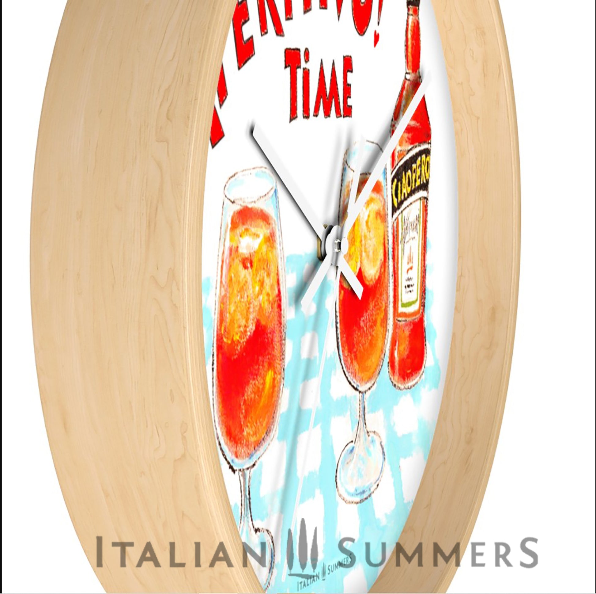 An Italy inspired rond clock with a print of Two glasses and a bottle of Aperol, whizh is called in the sketch Ciaoperol. The bottle and the foot glasses are standing on a light blue checkered table cloth. There is on top of the sketch the text 'Aperitivo time!' in a vintage red color, handwritten font. Made by Italian Summers
