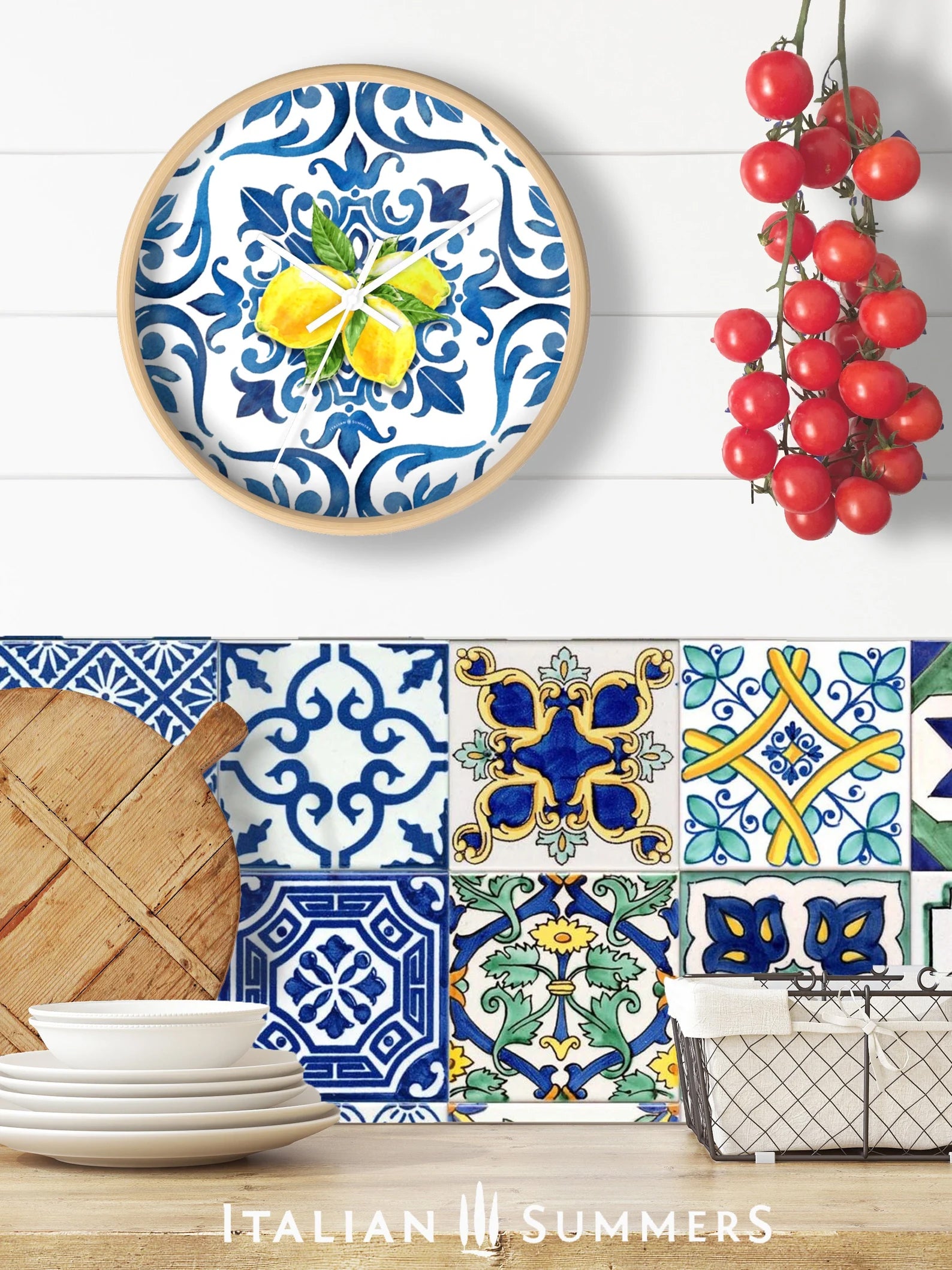 Whether you're a fan of maiolica blue tiles, Sorrento lemons, or both, this clock is sure to be the perfect addition to any room.