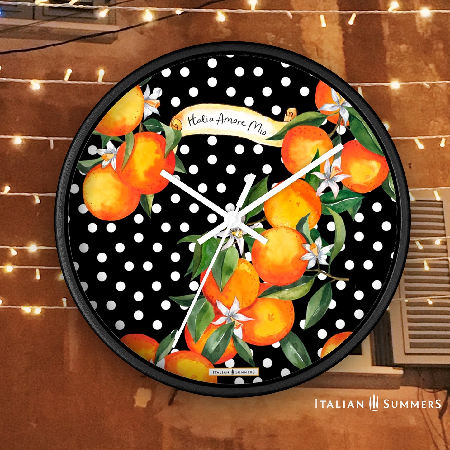 Wall clock SICILIAN GARDEN bursts with color, from the happy white polka dots to the lively orange blossoms. The timeless phrase 'Italia Amore Mio' adds a meaningful touch of love. Designed and sold by Italian Summers