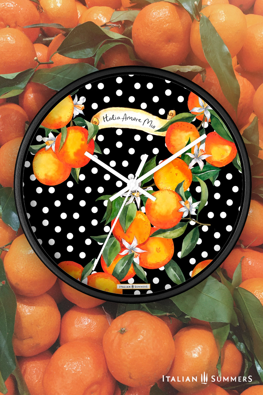 Wall clock SICILIAN GARDEN bursts with color, from the happy white polka dots to the lively orange blossoms. The timeless phrase 'Italia Amore Mio' adds a meaningful touch of love. Designed and sold by Italian Summers