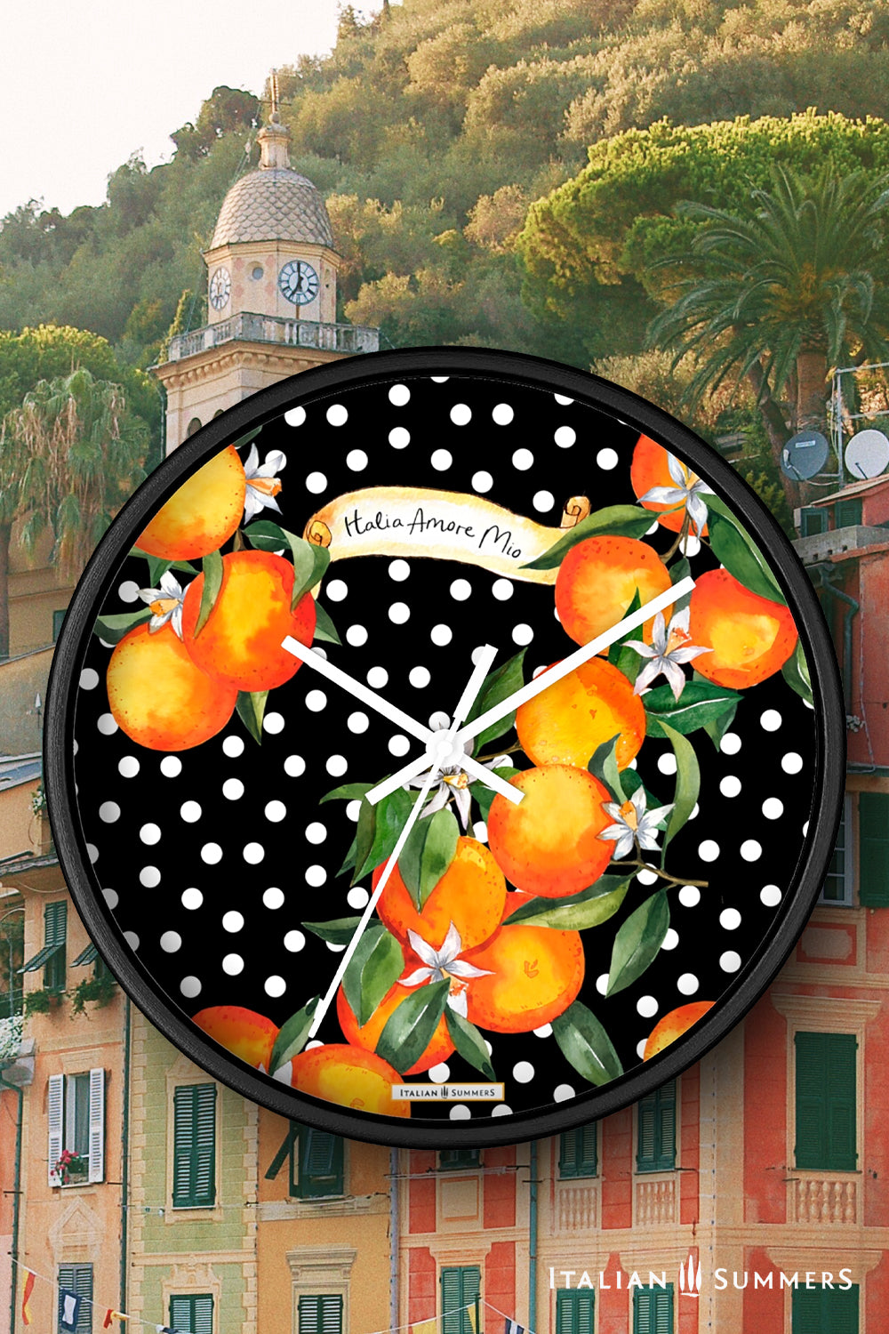 Wall clock SICILIAN GARDEN bursts with color, from the happy white polka dots to the lively orange blossoms. The timeless phrase 'Italia Amore Mio' adds a meaningful touch of love. Designed and sold by Italian Summers