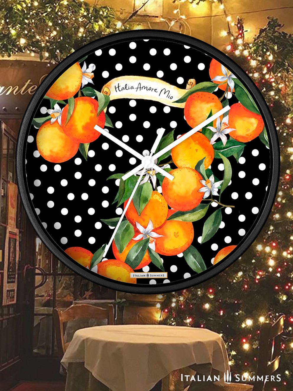 Wall clock SICILIAN GARDEN bursts with color, from the happy white polka dots to the lively orange blossoms. The timeless phrase 'Italia Amore Mio' adds a meaningful touch of love. Designed and sold by Italian Summers