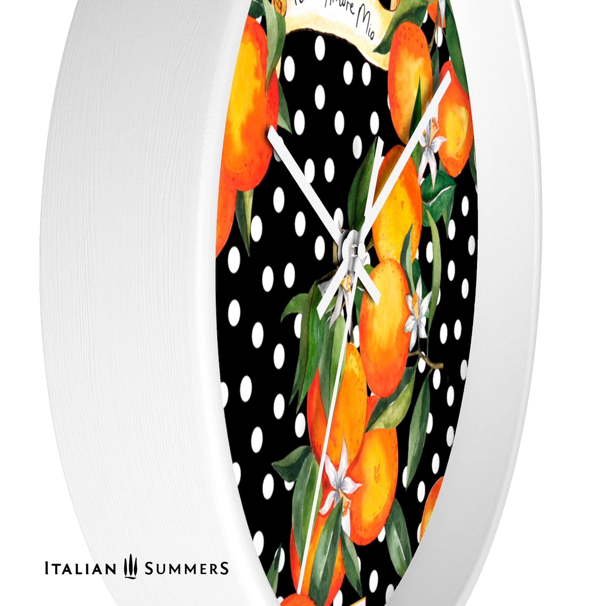 Wall clock SICILIAN GARDEN bursts with color, from the happy white polka dots to the lively orange blossoms. The timeless phrase 'Italia Amore Mio' adds a meaningful touch of love. Designed and sold by Italian Summers