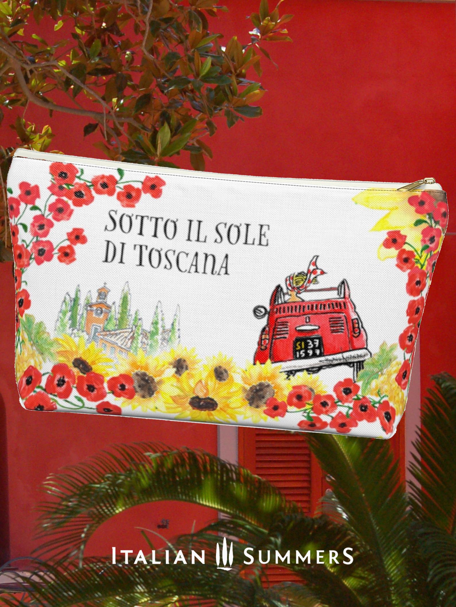 Clutch CIAO Tuscany By Italian Summers! Get a piece of Italy in your very hands with this gorgeous clutch decorated with a Tuscan landscape and a vintage Fiat 500 cabrio, plus a dash of flowers and the quote "Sotto il sole di Toscana"