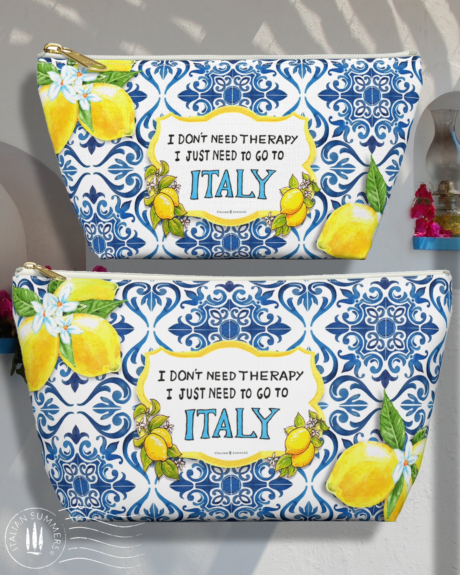 Italy inspired vibrant clutch representing bright blue Italian maiolica tiles and Amalfi Coast lemons and the quote "I don't need therapy, I just need to go to Italy"Made by Italian Summers