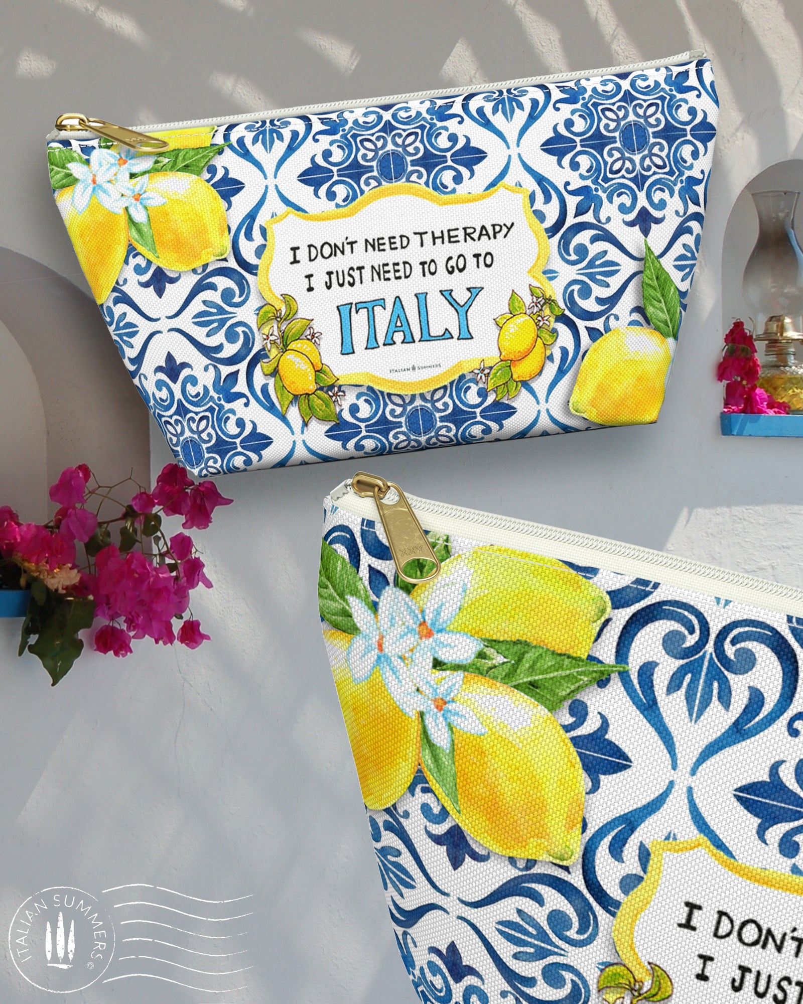 Italy inspired vibrant clutch representing bright blue Italian maiolica tiles and Amalfi Coast lemons and the quote "I don't need therapy, I just need to go to Italy"Made by Italian Summers