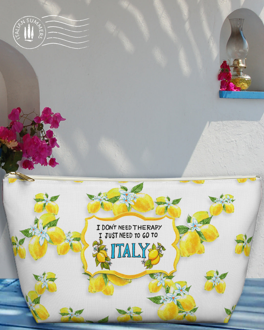 Clutch THERAPY-LEMON Pattern! This one-of-a-kind Italian-inspired clutch features a fun, sun-drenched lemon pattern that stands out, plus the delightful quote "I don't need therapy, I just need to go to Italy" by Italian Summers.