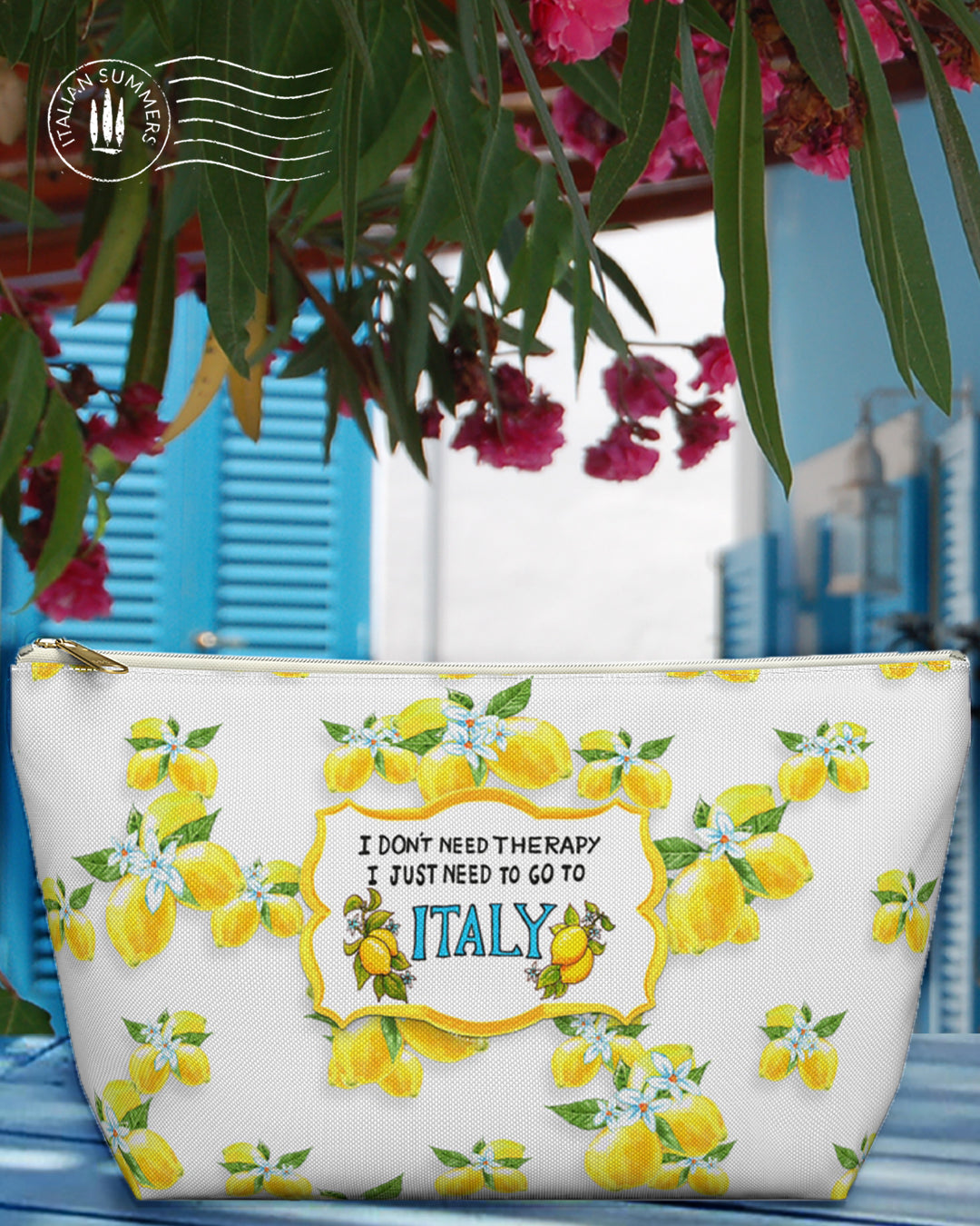 Clutch THERAPY-LEMON Pattern! This one-of-a-kind Italian-inspired clutch features a fun, sun-drenched lemon pattern that stands out, plus the delightful quote "I don't need therapy, I just need to go to Italy" by Italian Summers.
