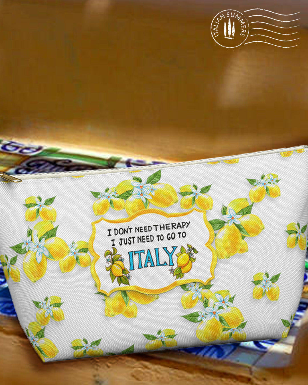 Clutch THERAPY-LEMON Pattern! This one-of-a-kind Italian-inspired clutch features a fun, sun-drenched lemon pattern that stands out, plus the delightful quote "I don't need therapy, I just need to go to Italy" by Italian Summers.