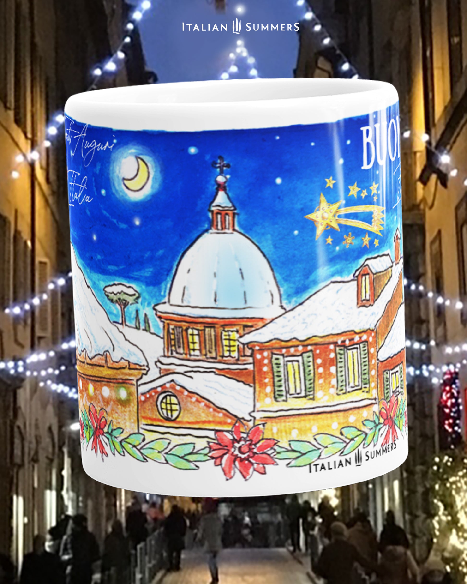Ceramic holiday mug Italy-themed with dreamy night illustration