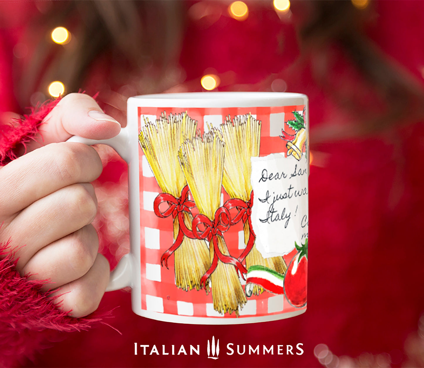 Festive Italy-themed ceramic mug with pasta and holiday decorations