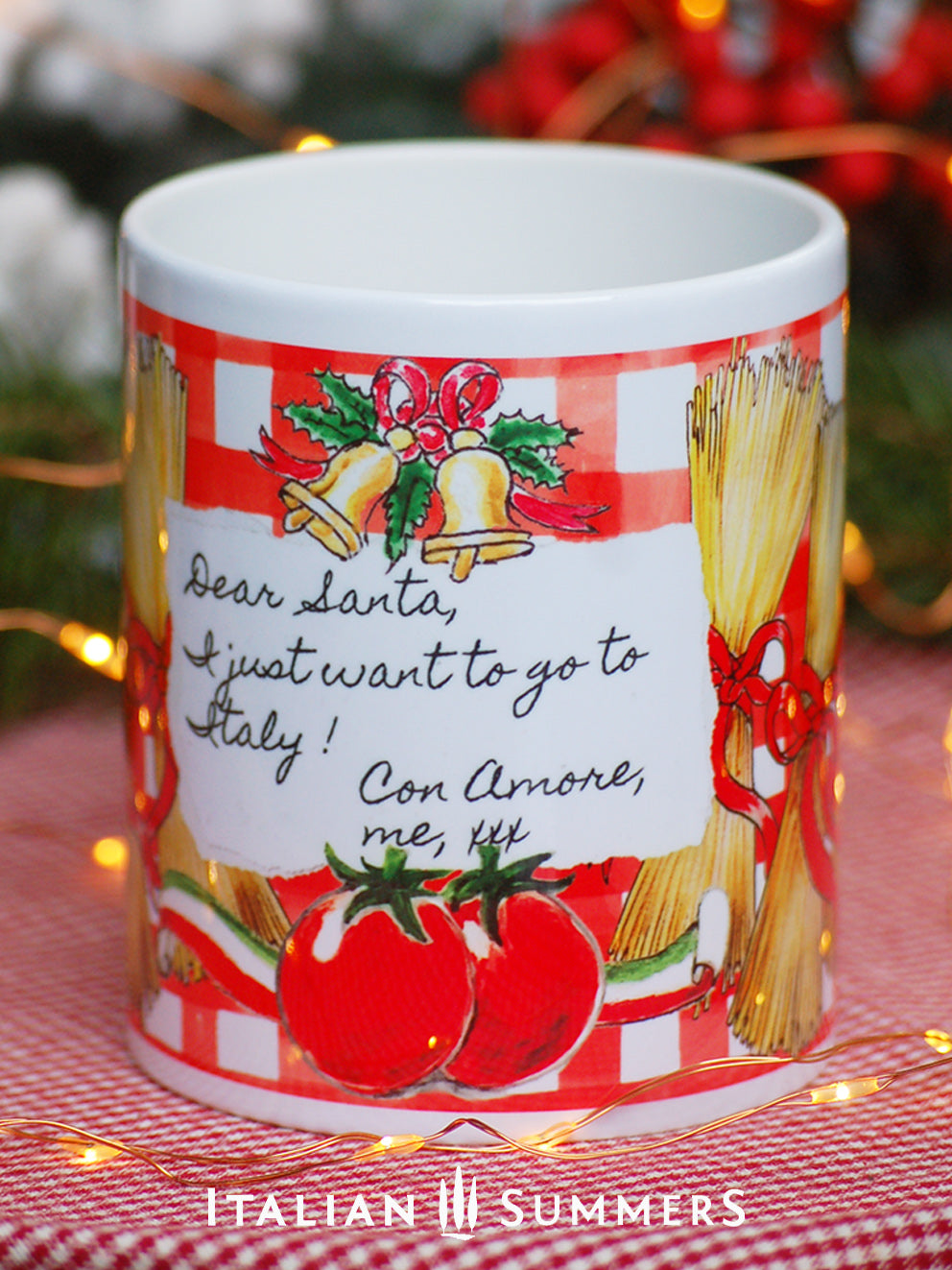 Dolce Spaghetti holiday mug with red-and-white checkered tablecloth