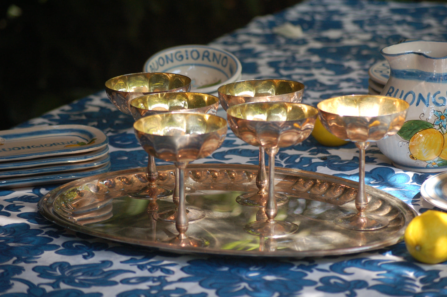 Vintage Rare 1960s Italian Silver and Gold-plated champagne coupes with tray | Gelato serving set | vintage Dolce Vita coupes
