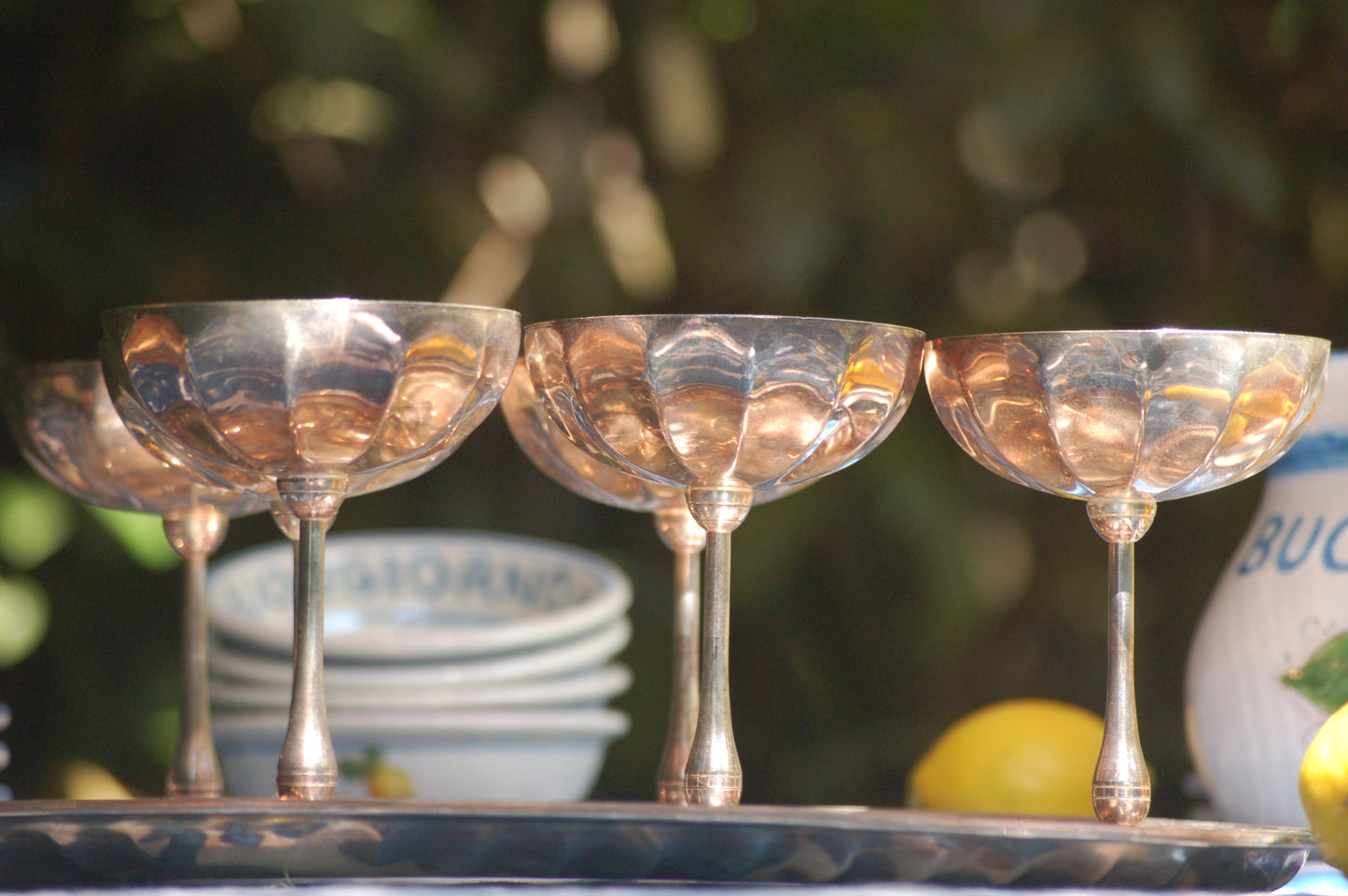 Vintage Rare 1960s Italian Silver and Gold-plated champagne coupes with tray | Gelato serving set | vintage Dolce Vita coupes