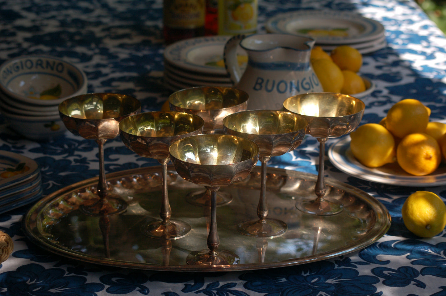 Vintage Rare 1960s Italian Silver and Gold-plated champagne coupes with tray | Gelato serving set | vintage Dolce Vita coupes