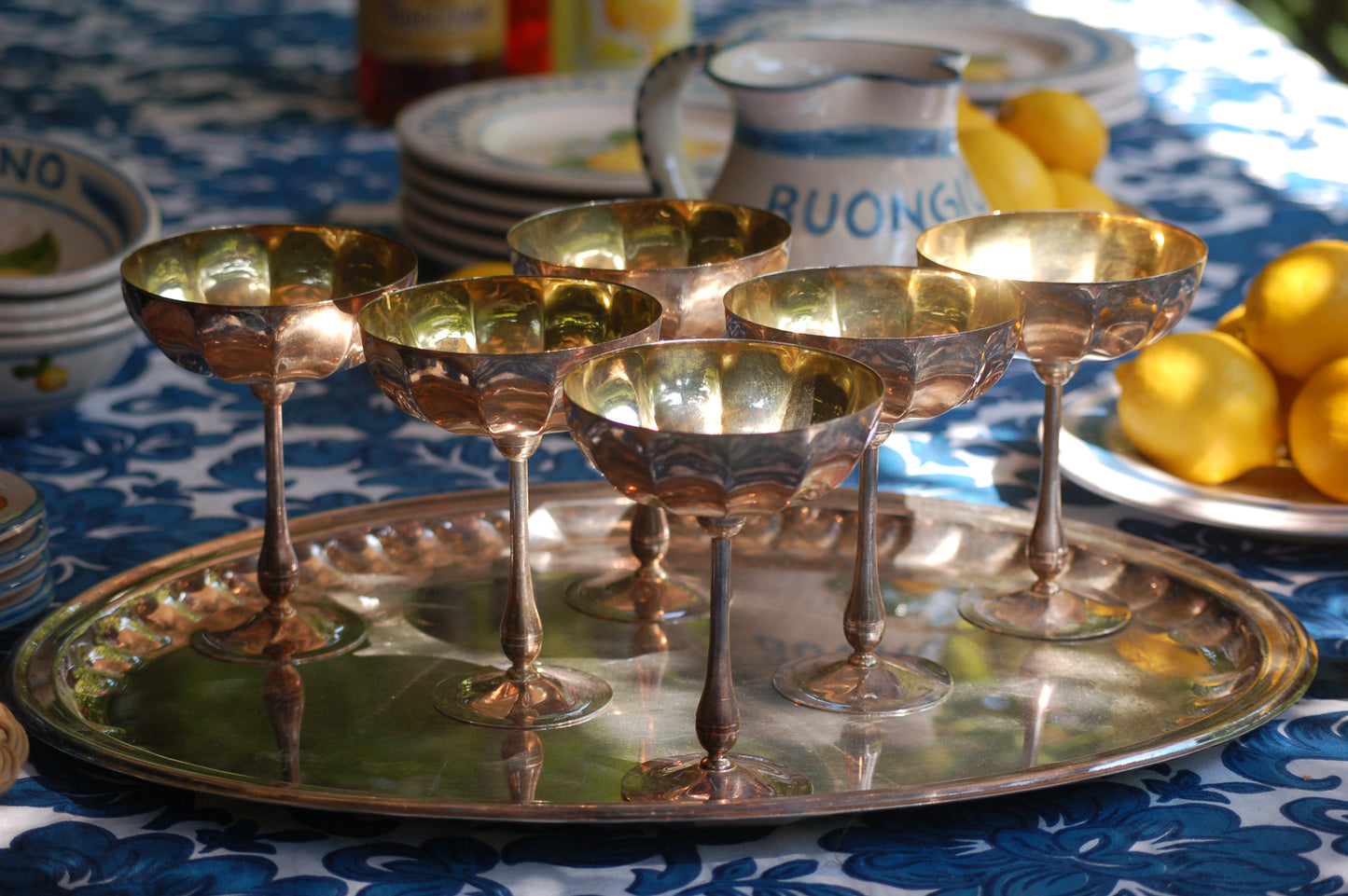 Vintage Rare 1960s Italian Silver and Gold-plated champagne coupes with tray | Gelato serving set | vintage Dolce Vita coupes