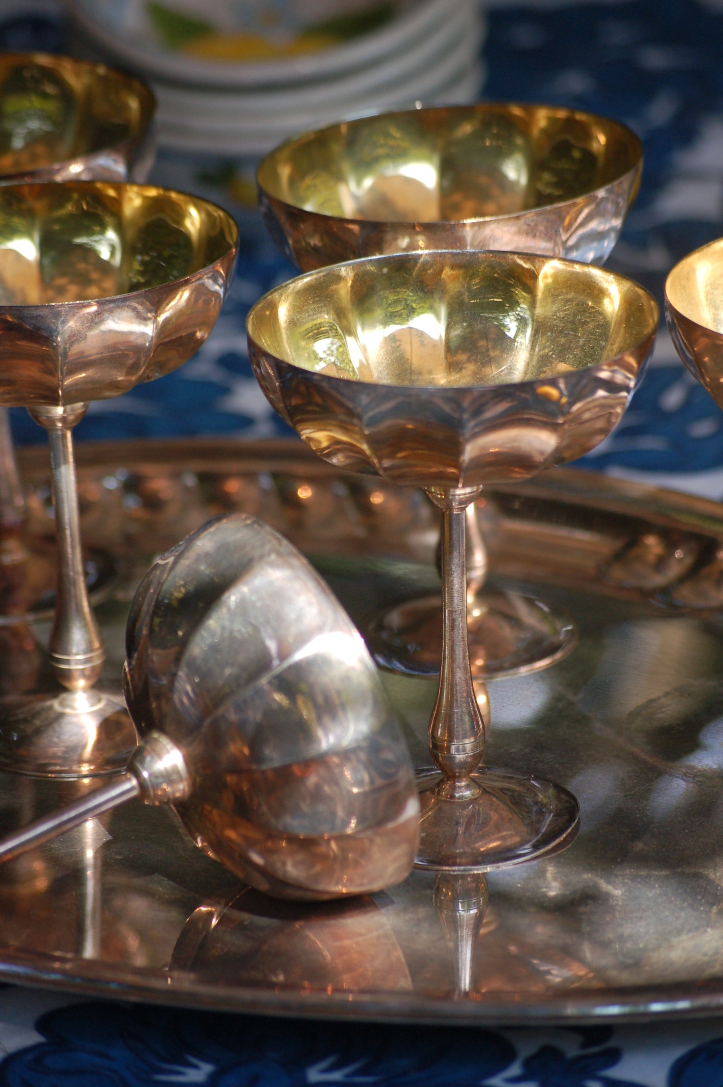 Vintage Rare 1960s Italian Silver and Gold-plated champagne coupes with tray | Gelato serving set | vintage Dolce Vita coupes