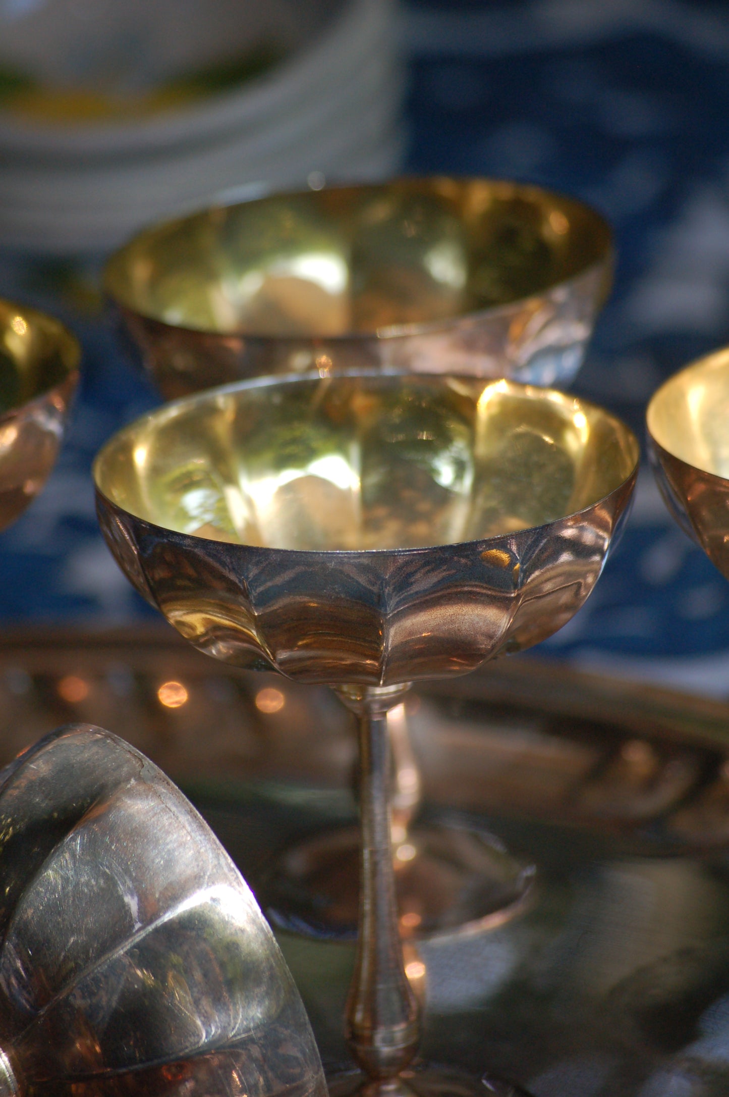 Vintage Rare 1960s Italian Silver and Gold-plated champagne coupes with tray | Gelato serving set | vintage Dolce Vita coupes