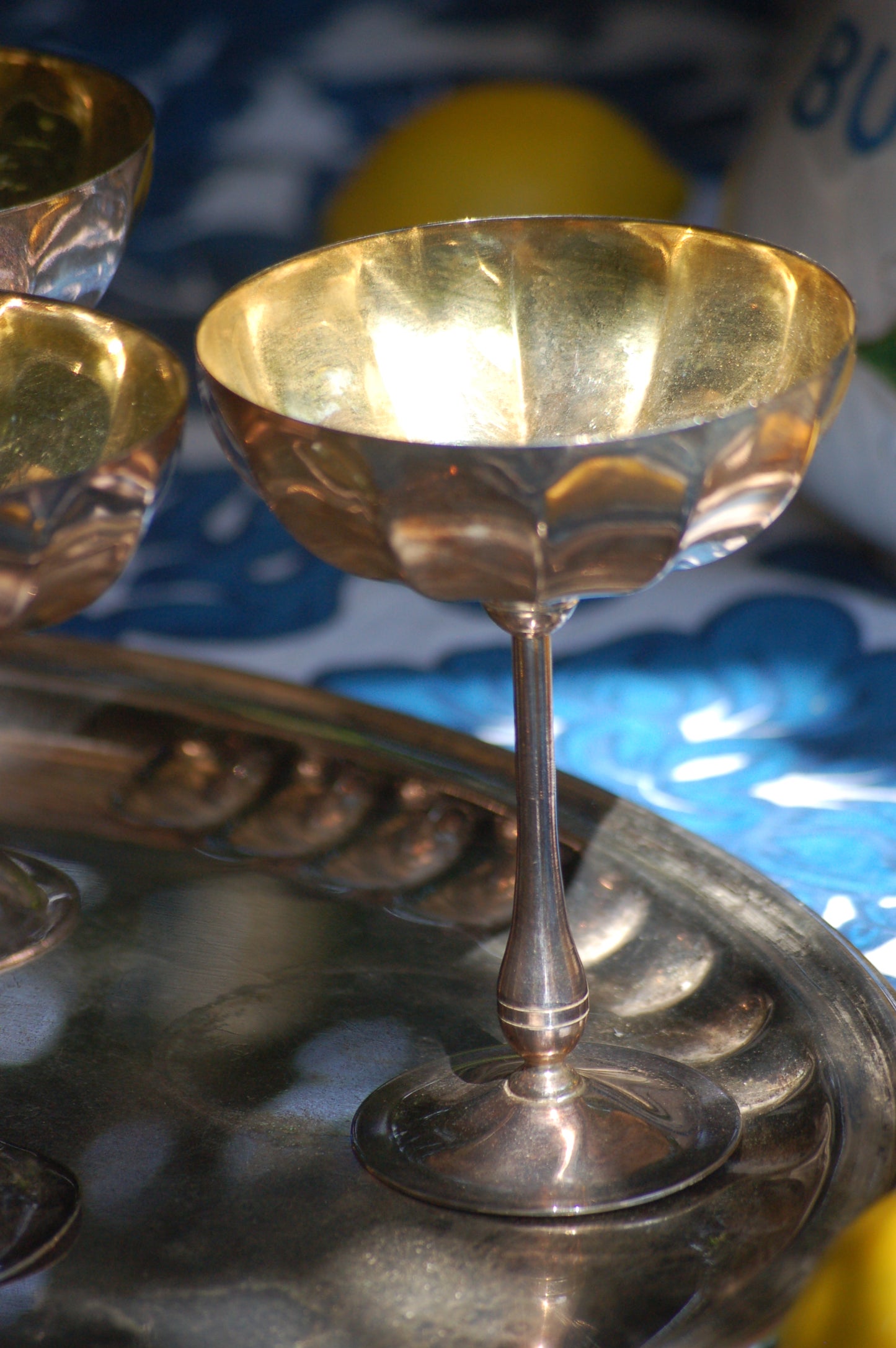 Vintage Rare 1960s Italian Silver and Gold-plated champagne coupes with tray | Gelato serving set | vintage Dolce Vita coupes