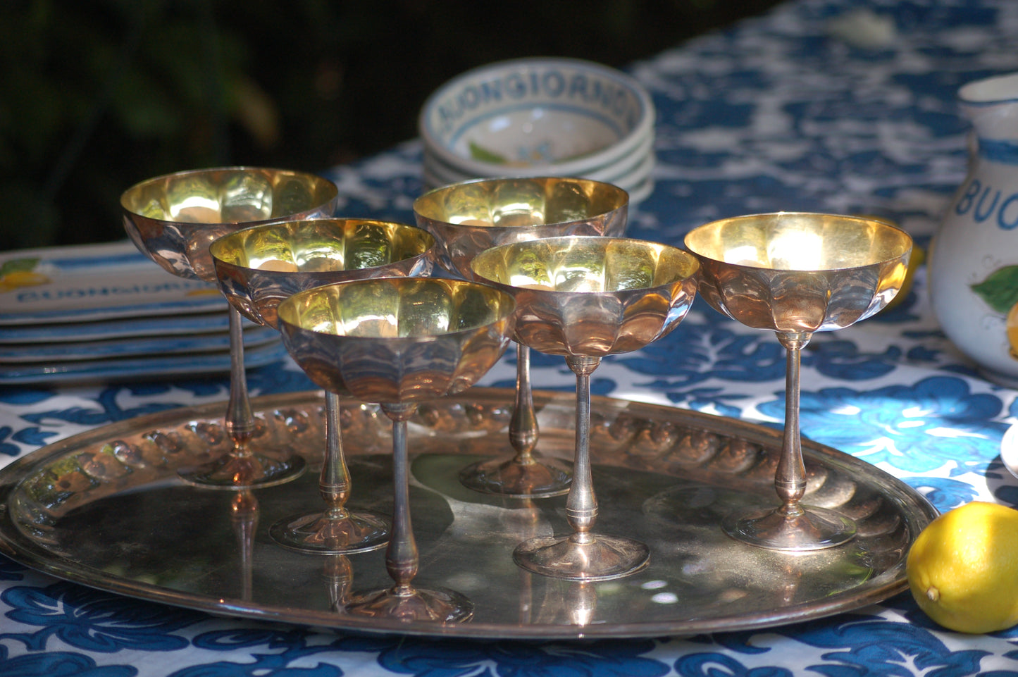 Vintage Rare 1960s Italian Silver and Gold-plated champagne coupes with tray | Gelato serving set | vintage Dolce Vita coupes