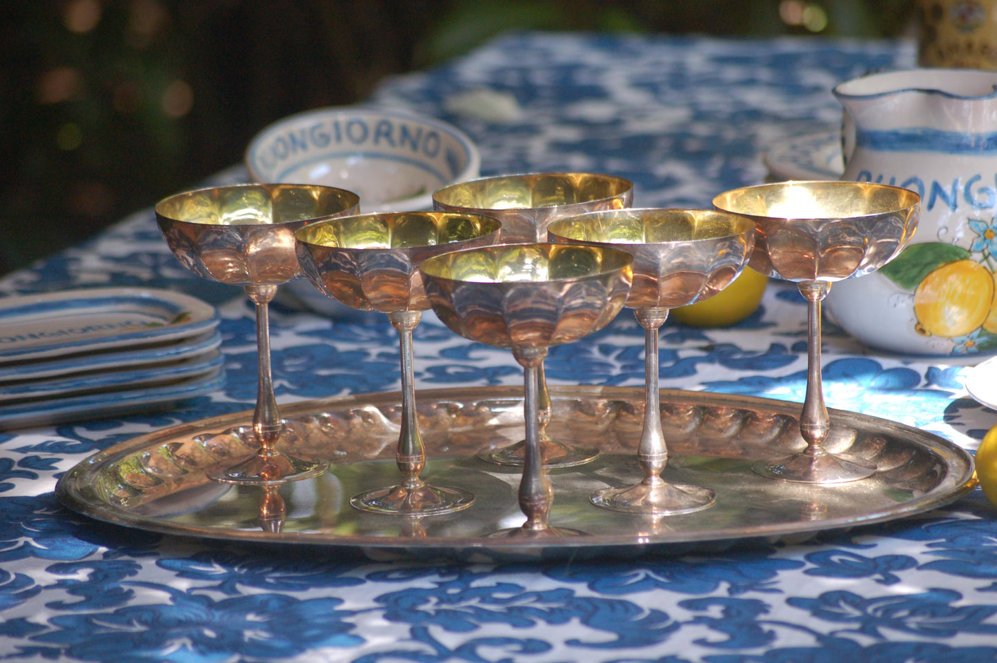 Vintage Rare 1960s Italian Silver and Gold-plated champagne coupes with tray | Gelato serving set | vintage Dolce Vita coupes