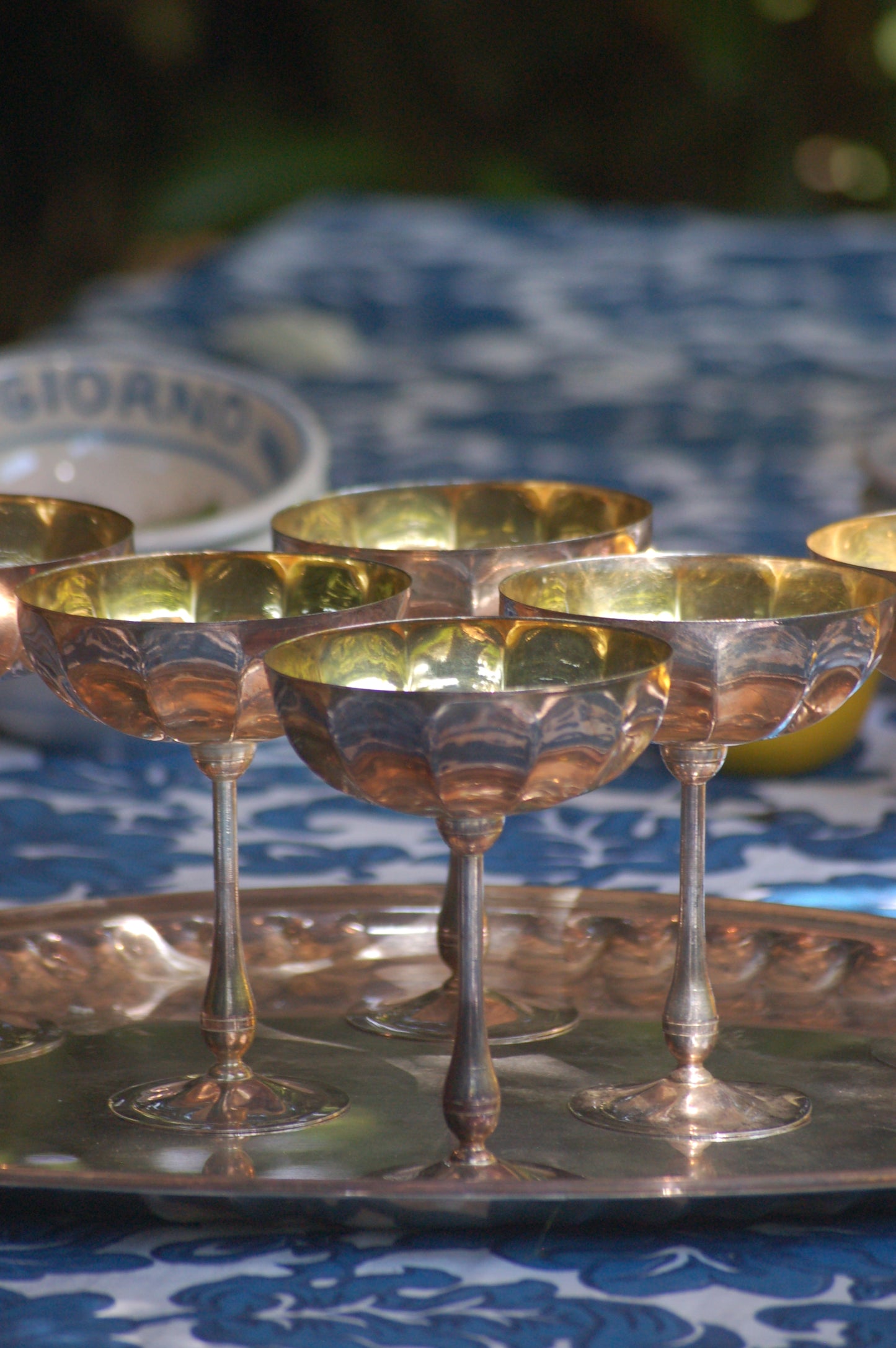 Vintage Rare 1960s Italian Silver and Gold-plated champagne coupes with tray | Gelato serving set | vintage Dolce Vita coupes