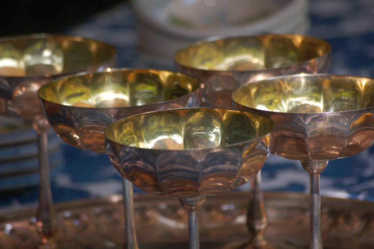 Vintage Rare 1960s Italian Silver and Gold-plated champagne coupes with tray | Gelato serving set | vintage Dolce Vita coupes