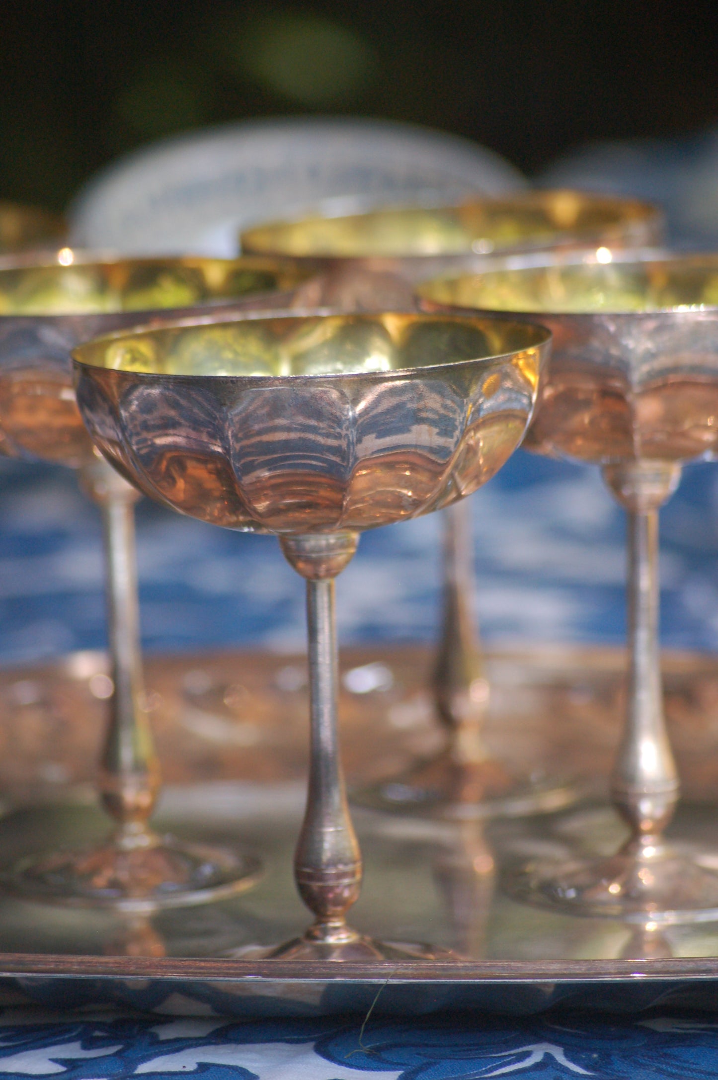Vintage Rare 1960s Italian Silver and Gold-plated champagne coupes with tray | Gelato serving set | vintage Dolce Vita coupes