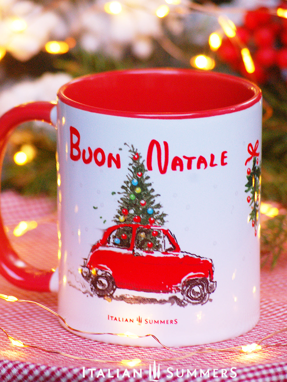 Festive coffee mug with “Buon Natale” and vintage Fiat 500 illustration