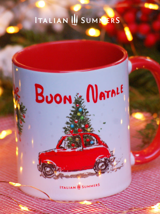 Italian Christmas mug with red Fiat 500 and Christmas tree design