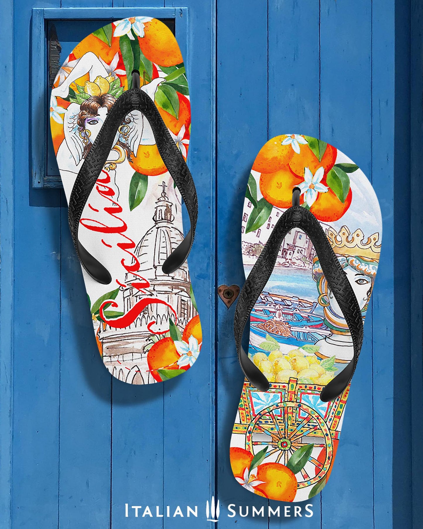 Feel the Mediterranean sunshine on your feet with these Sicily-inspired flip-flops! Featuring oranges and orange blossoms, plus the word "Sicily" and an iconic carretto siciliano, they're perfect for adding a bit of Italian-style flavor to your summer wardrobe!