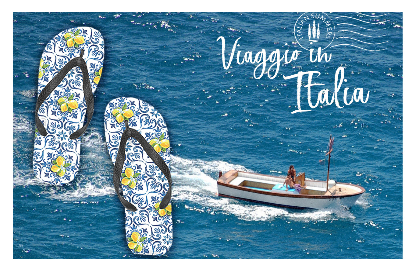 taly flip flops inspired by Italian Sicilian maiolica tiles. On the flip flop a combination of blue Italian tiles and Amalfi Coast lemons. The straps are black. Made by Italian Summers
