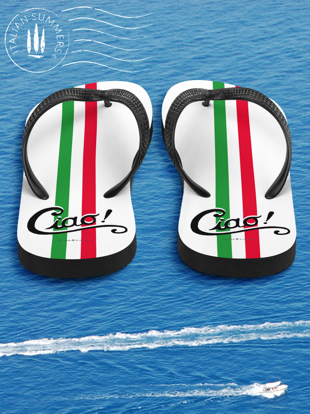 Fip-flops showcasing the classic colors of the Italian flag and the iconic word 'Ciao', these flip flops are perfect for adding a touch of Italian flair to your wardrobe. Made by Italian Summers