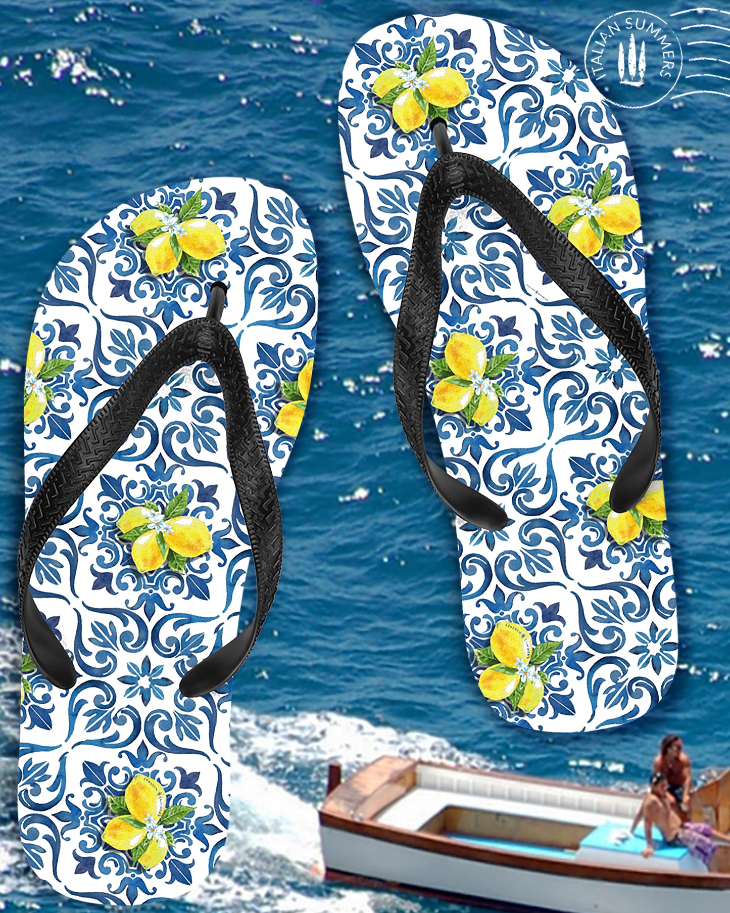 Italy flip flops inspired by Italian Sicilian maiolica tiles. On the flip flop a combination of blue Italian tiles and Amalfi Coast lemons. The straps are black. Made by Italian Summers