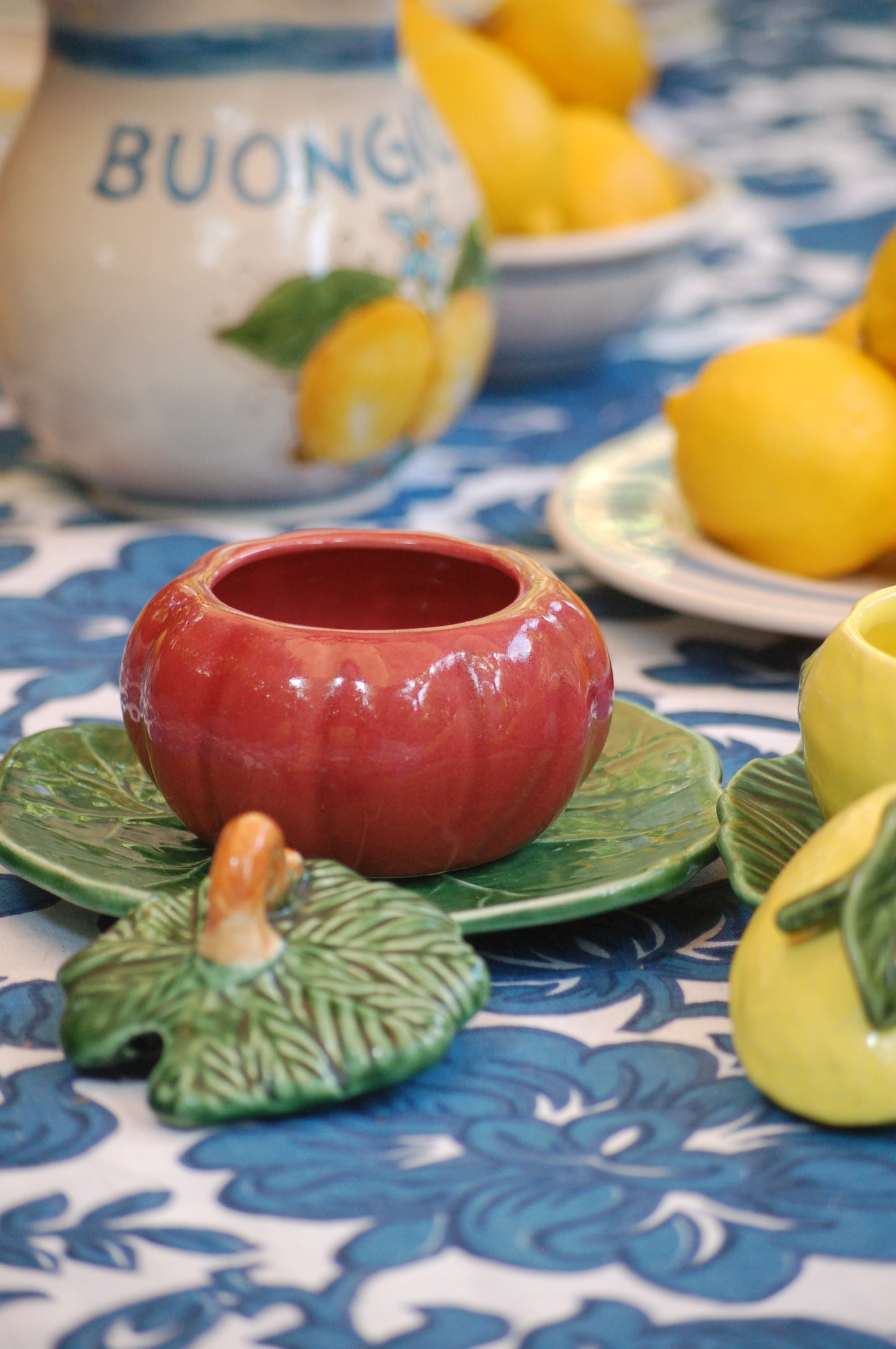 Vintage French ceramic compote bowls in the shape of lemons and bell pepper, set of 3