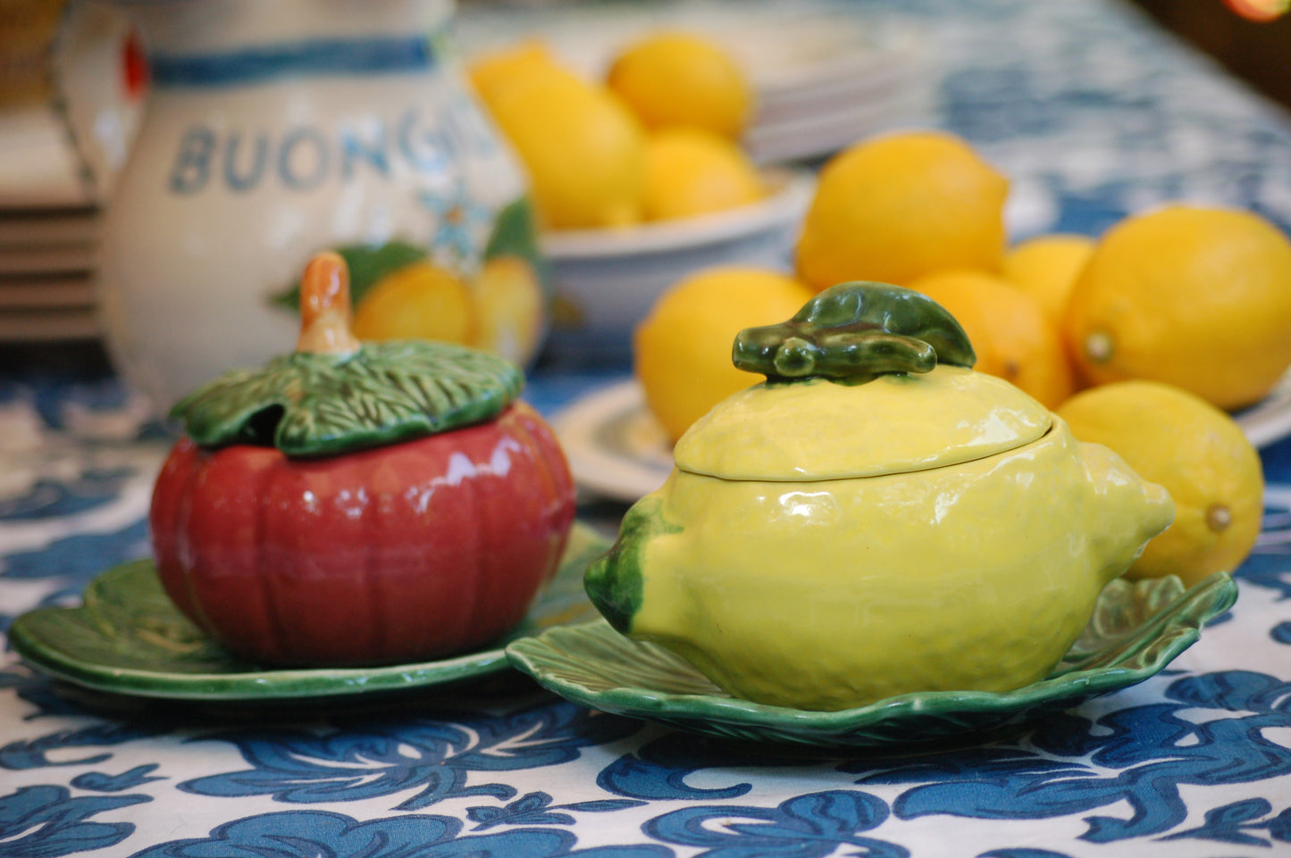 Vintage French ceramic compote bowls in the shape of lemons and bell pepper, set of 3