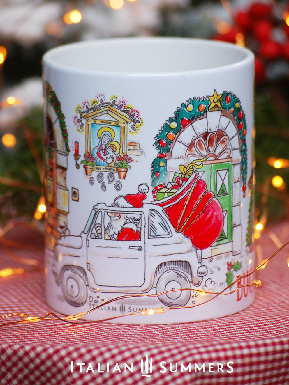 Italian Christmas mug with Santa in Fiat 500 and festive street decorations