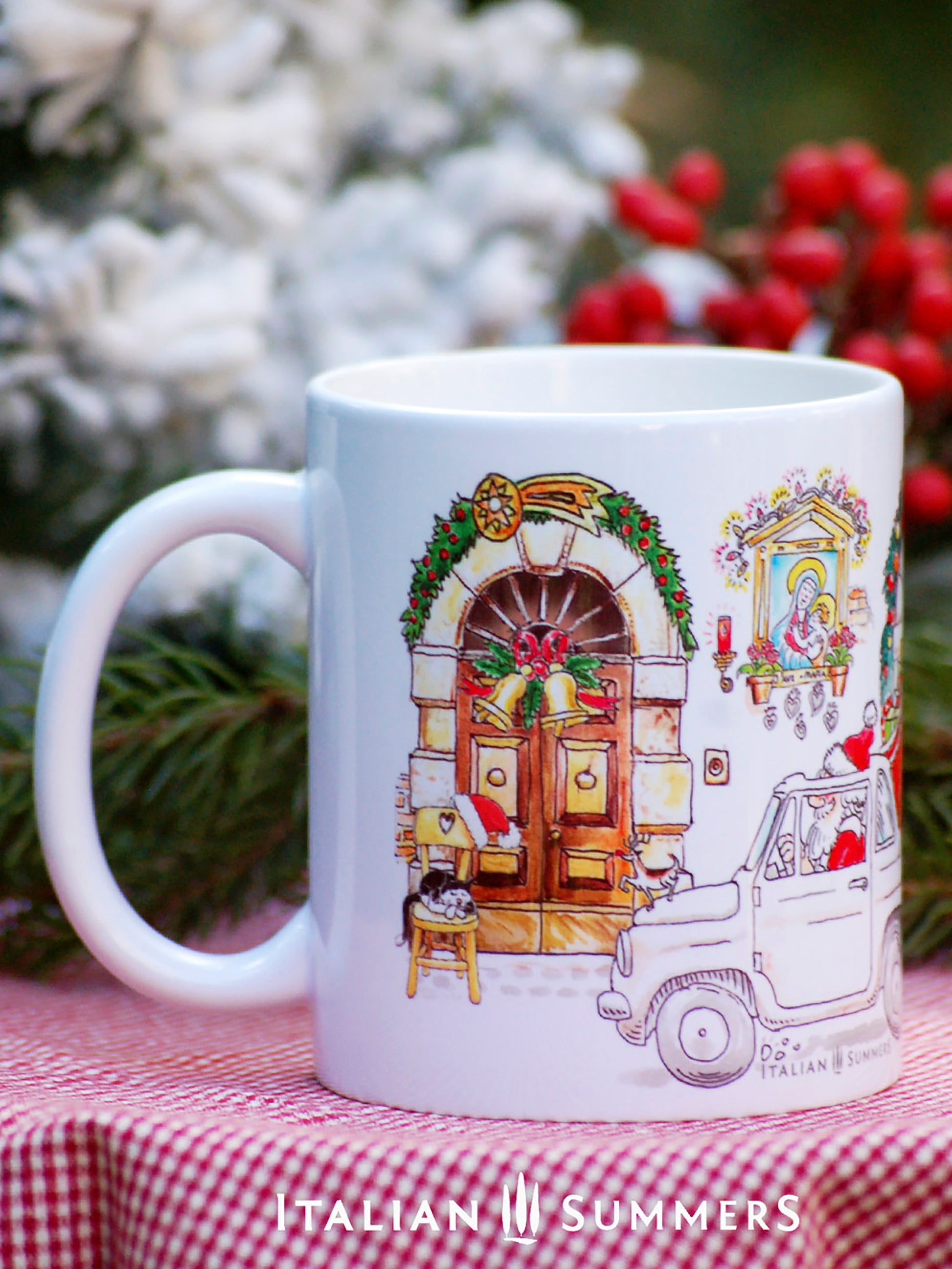 Close-up of holiday mug featuring Fiat 500 with presents in Italian streetview design