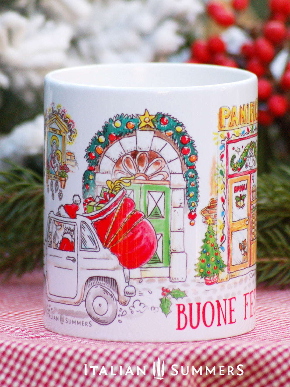 Mug with Babbo Natale driving a red Fiat 500 through Italian street, Christmas theme